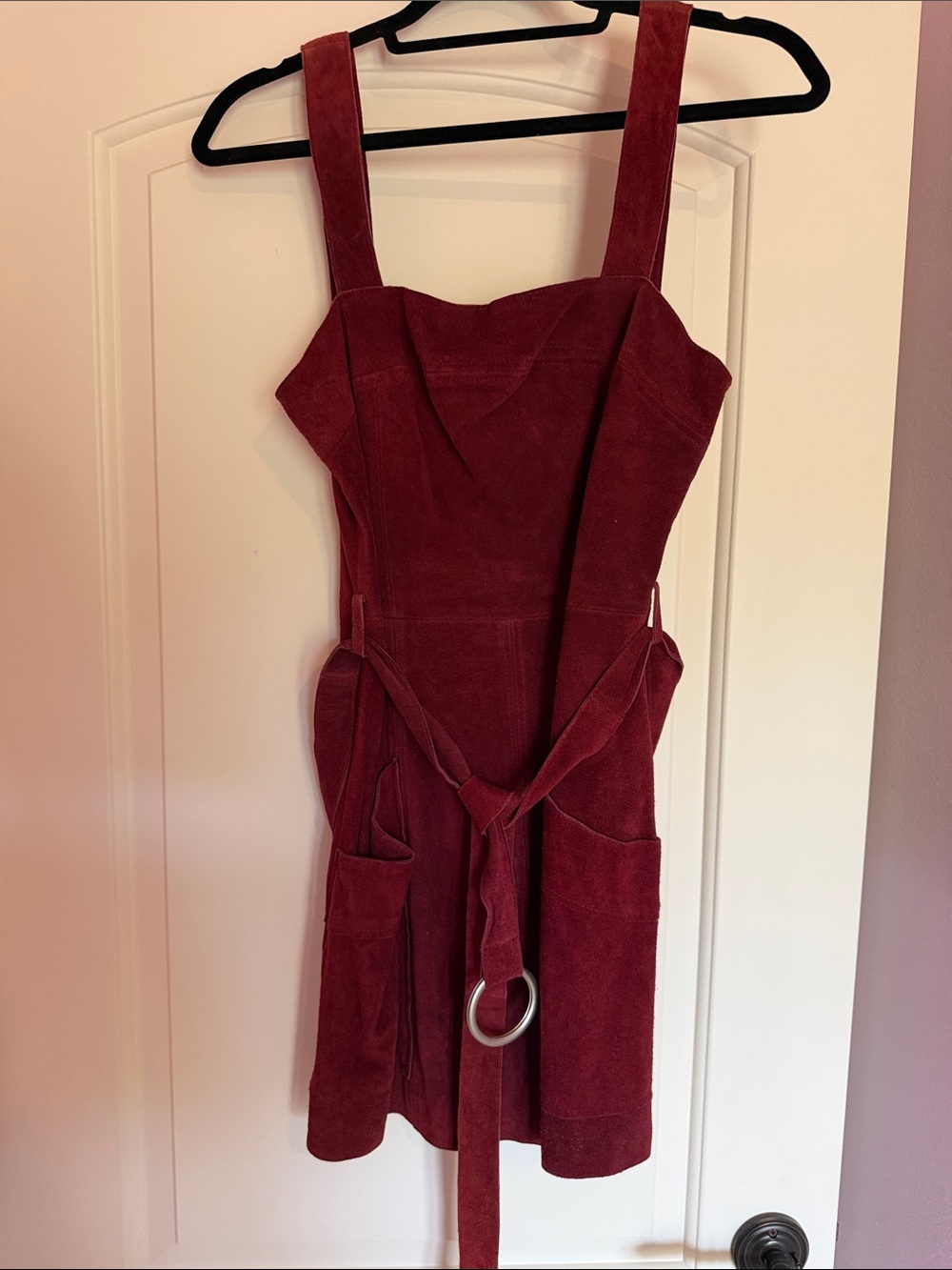 Free people Burgundy Suede Apron Mini Dress with Ring Belt